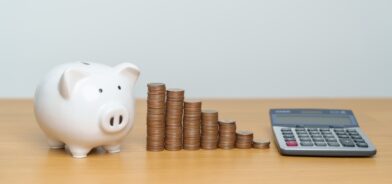 Porquinho, moedas e calculadora. Foto que ilustra post sobre federalismo fiscal. Reprodução: JoPanwatD/Envato.