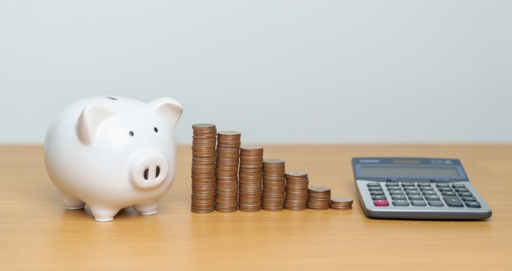 Porquinho, moedas e calculadora. Foto que ilustra post sobre federalismo fiscal. Reprodução: JoPanwatD/Envato.